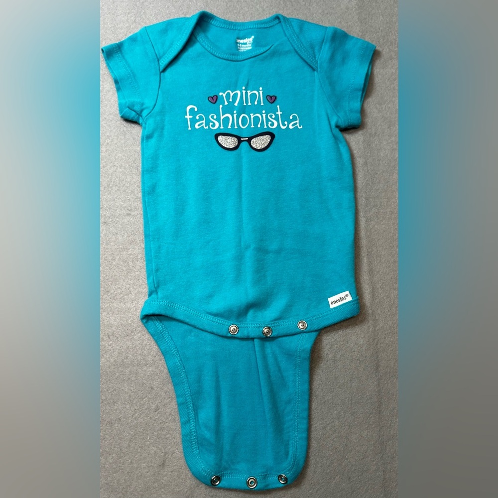 Onesies brand “Mini Fashionista” girls teal/blue short sleeve onesie 6-9m